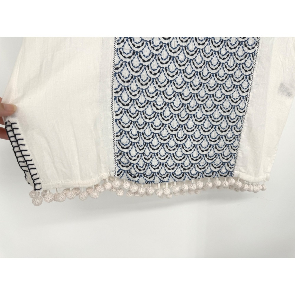 Madewell White Blue Embroidered Pom Pom Hem Boho Blouse XS F2131 Coastal Summer - Picture 4 of 10